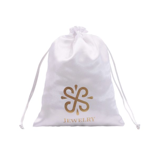 Satin drawstring jewelry pouch with custom logo embroidery