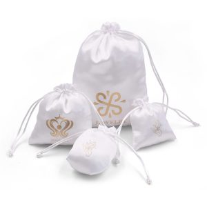 Satin drawstring jewelry pouch with custom logo embroidery