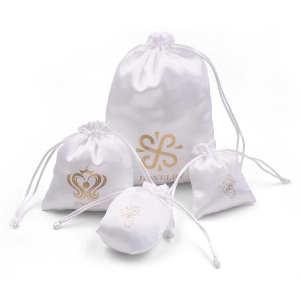 Satin drawstring jewelry pouch with custom logo embroidery