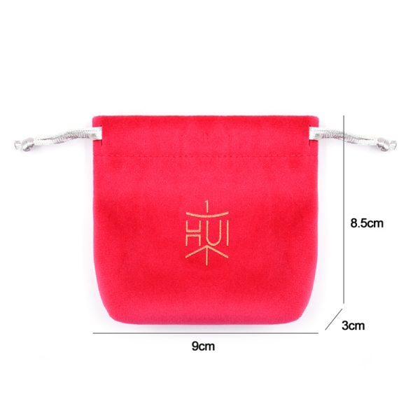 Luxury velvet drawstring jewelry pouch in customizable color, perfect for packaging rings, necklaces, earrings, and cosmetic gifts, with embroidered logo option.