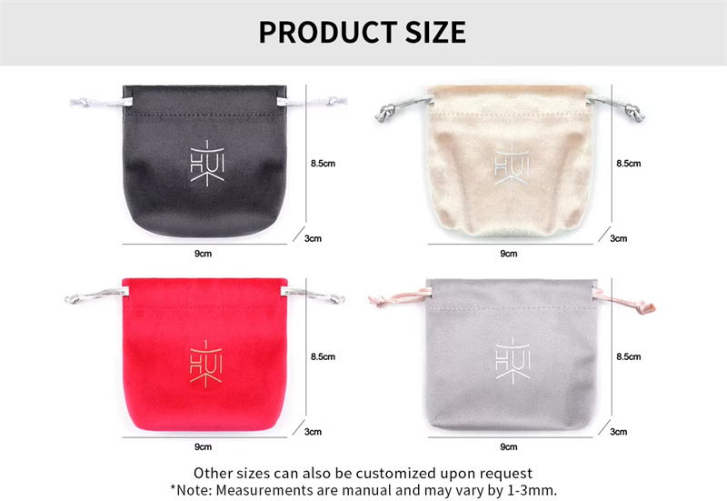 Luxury velvet drawstring jewelry pouch in customizable color, perfect for packaging rings, necklaces, earrings, and cosmetic gifts, with embroidered logo option.