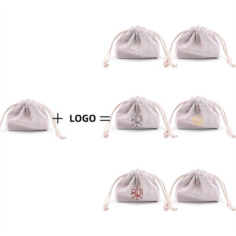 Luxury velvet drawstring jewelry pouch in customizable color, perfect for packaging rings, necklaces, earrings, and cosmetic gifts, with embroidered logo option.