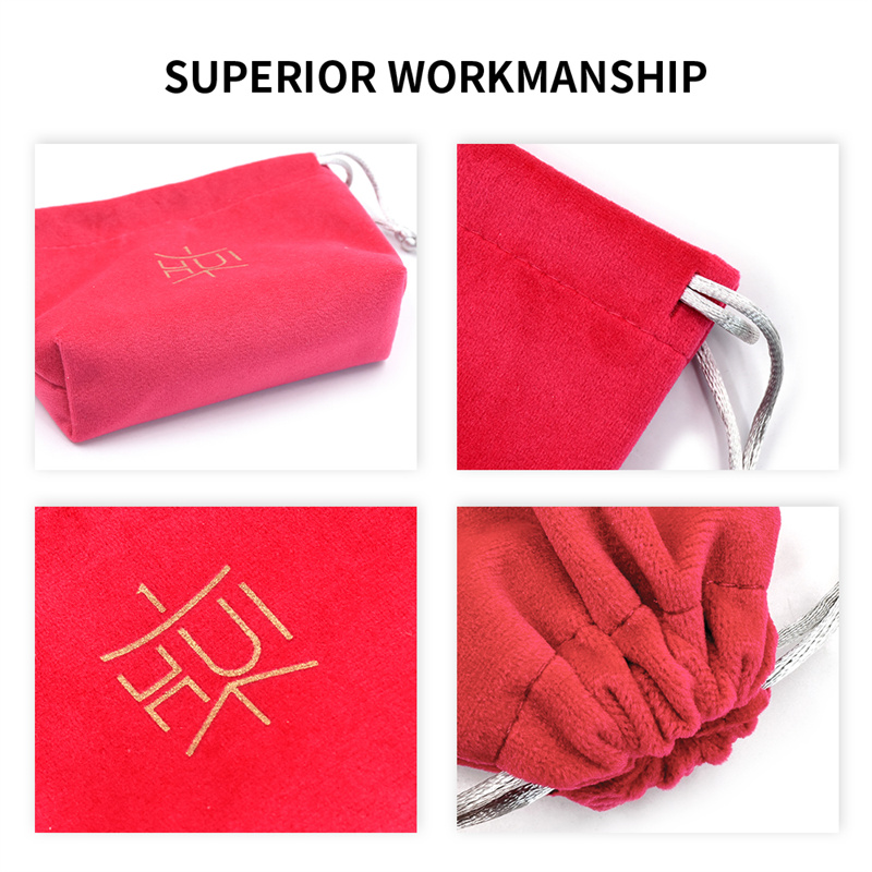 Luxury velvet drawstring jewelry pouch in customizable color, perfect for packaging rings, necklaces, earrings, and cosmetic gifts, with embroidered logo option.