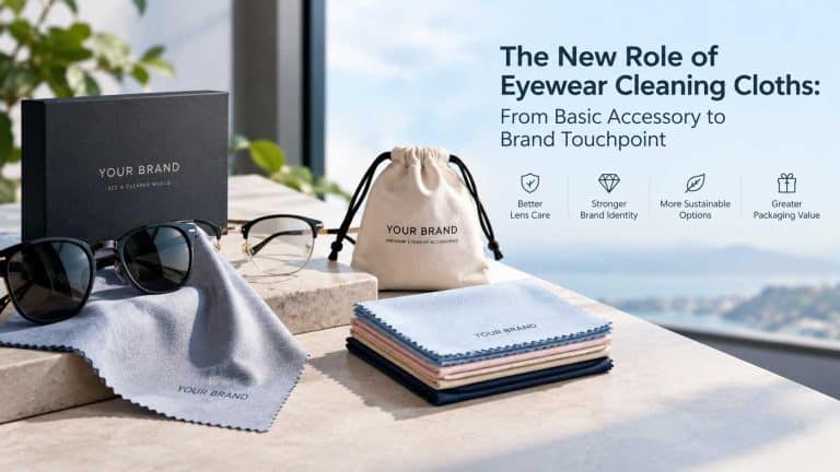 Custom microfiber glasses cleaning cloths with branded eyewear packaging, designed for premium lens care and brand promotion.