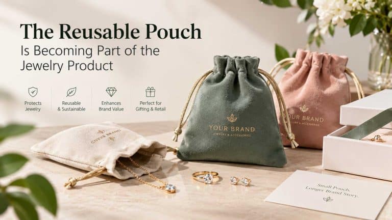 Custom reusable jewelry pouches with branded designs, jewelry storage, and premium gift packaging for jewelry brands.