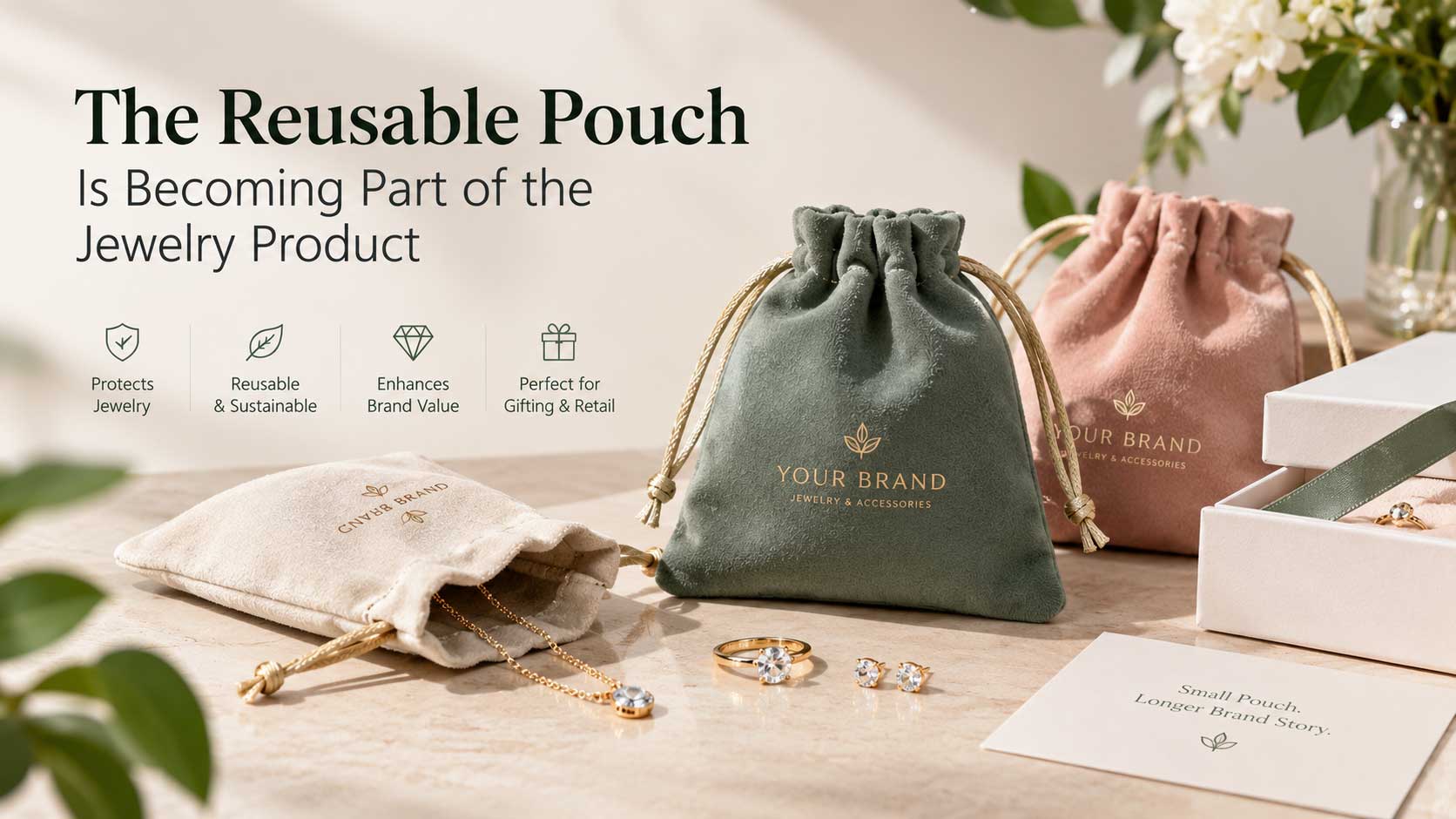 Custom reusable jewelry pouches with branded designs, jewelry storage, and premium gift packaging for jewelry brands.