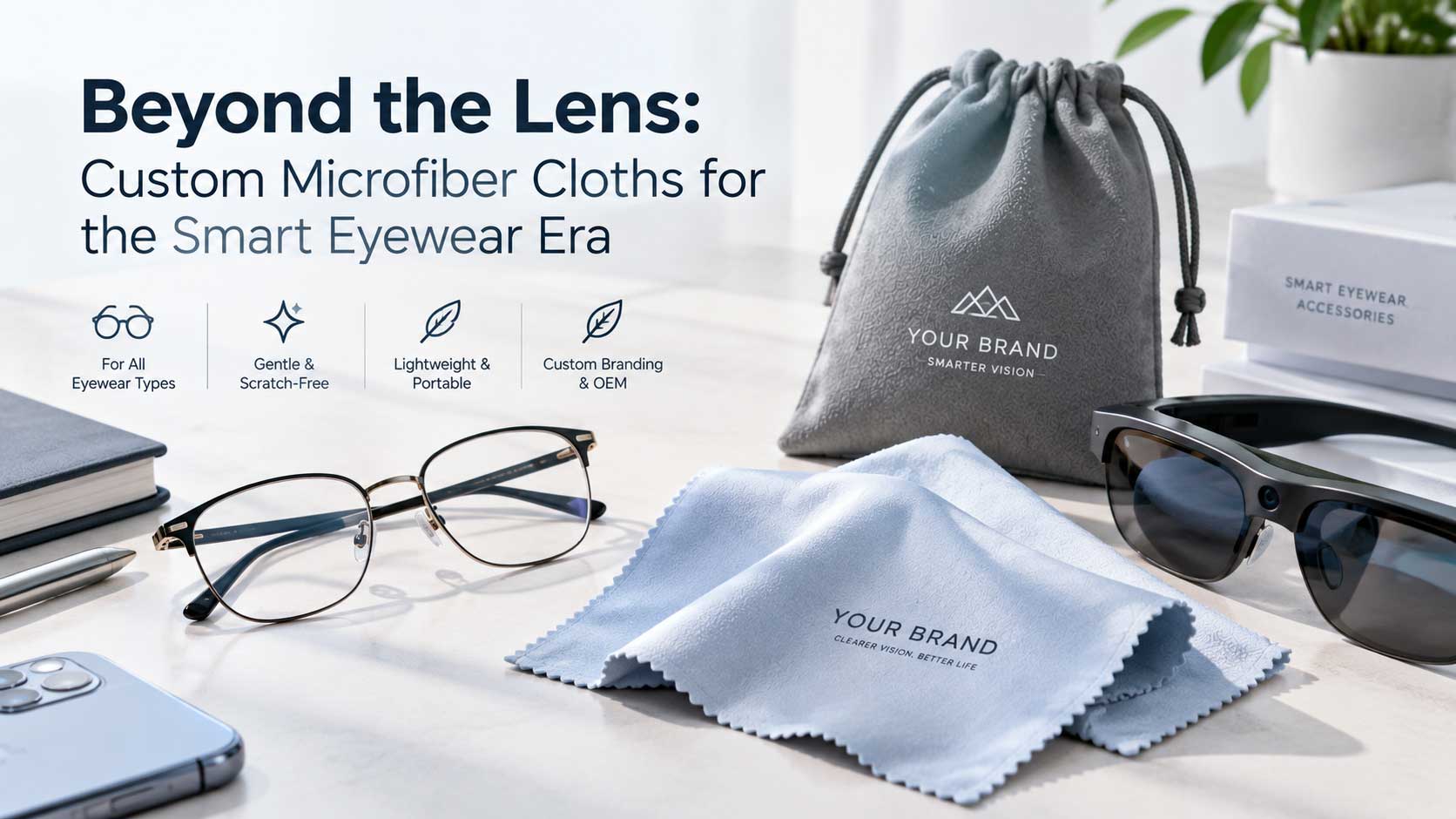 Custom microfiber glasses cleaning cloth with branded smart eyewear accessories, optical glasses, sunglasses, and a reusable drawstring pouch.