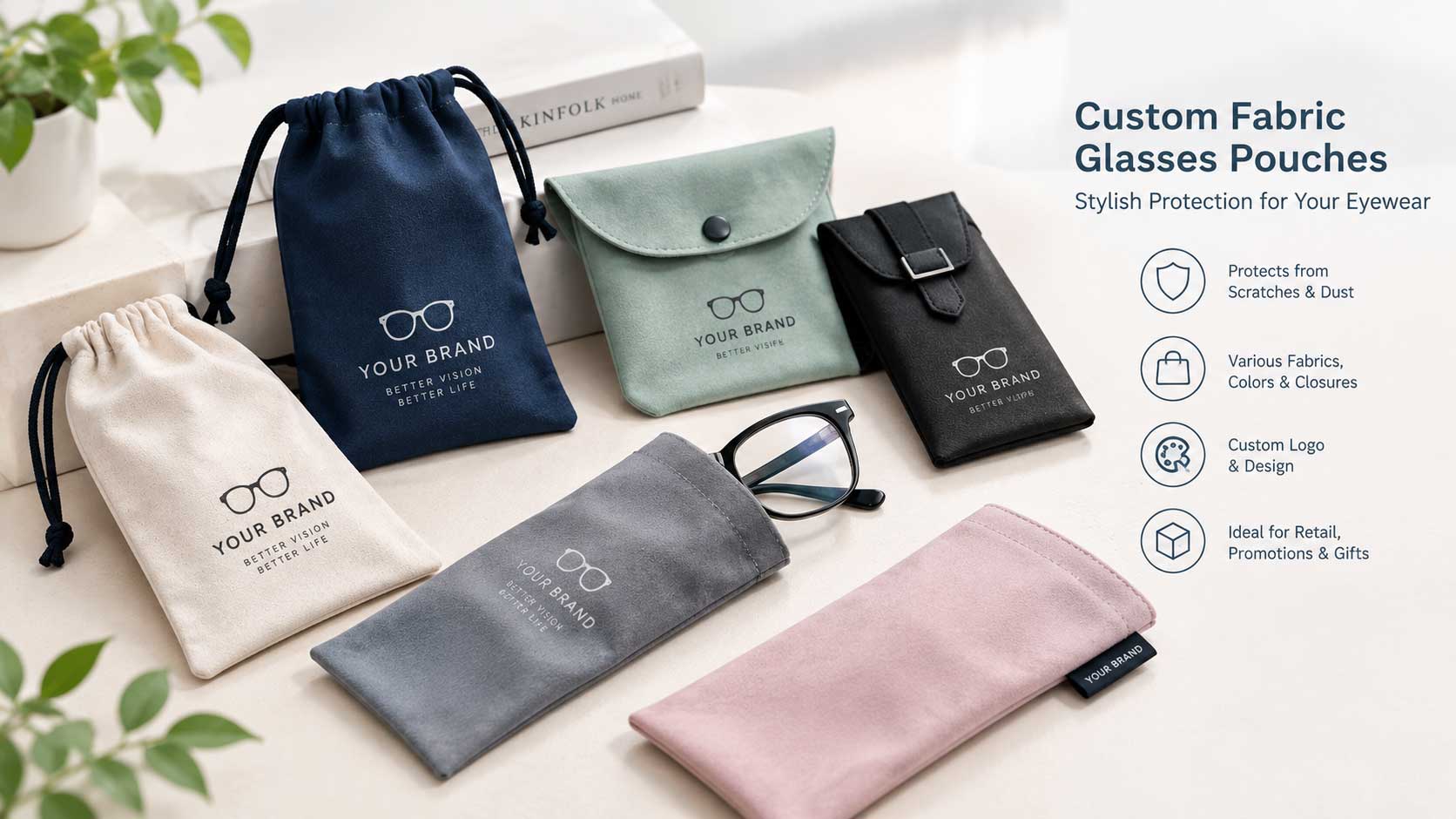 Custom fabric glasses pouches in various colors and styles for eyewear brands