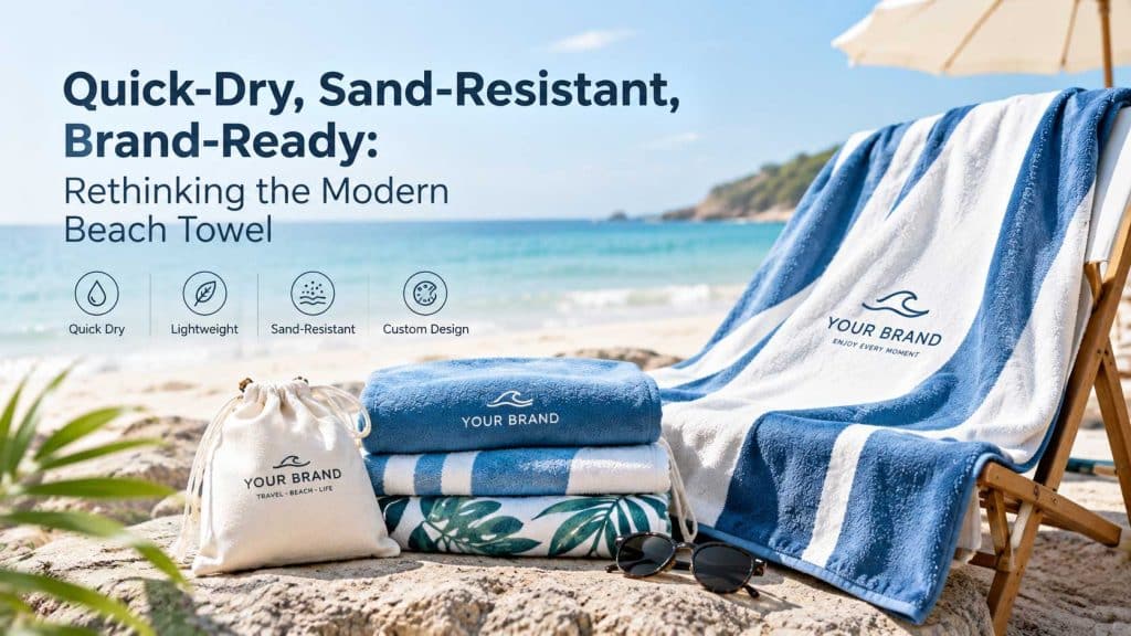 Custom quick-dry beach towels with sand-resistant fabric, lightweight design, blue and white patterns, and private-label branding for beach and travel brands.