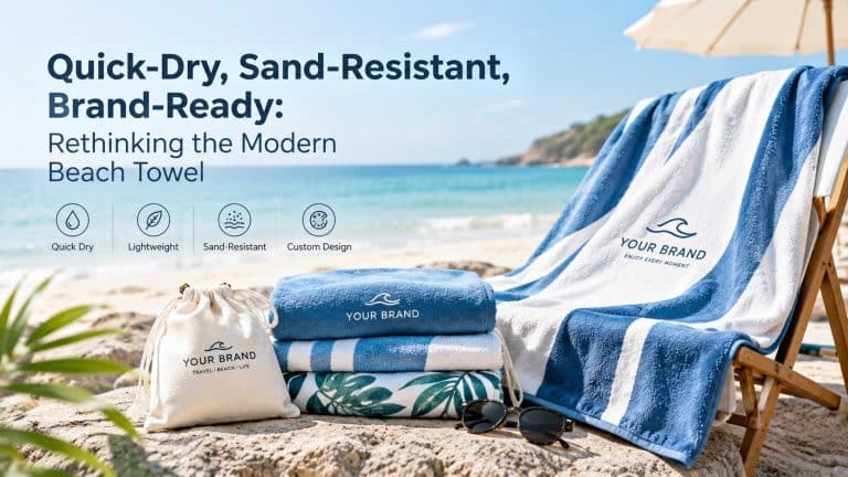 Custom quick-dry beach towels with sand-resistant fabric, lightweight design, blue and white patterns, and private-label branding for beach and travel brands.