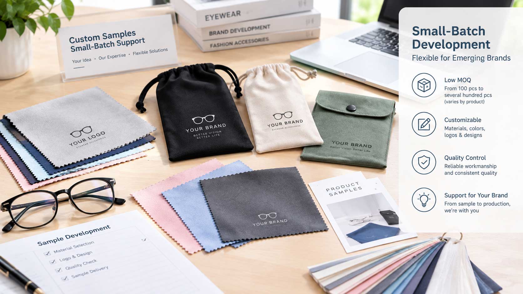Small-batch custom glasses cloth and fabric pouch samples for emerging eyewear brands