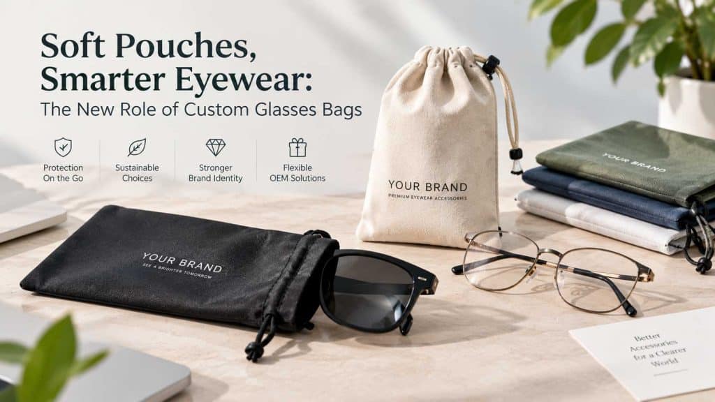 Custom glasses pouches and eyewear bags with branded designs, offering lightweight protection, portability, and sustainable packaging solutions.